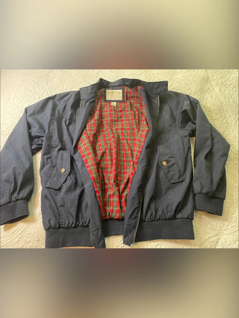 Orvis Navy Bomber Jacket with Red Plaid Lining